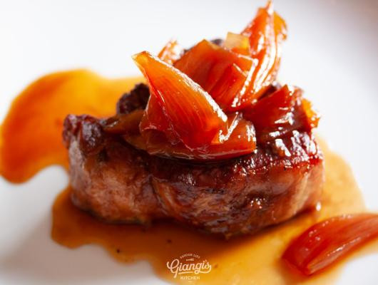 Tender Delicious Caramelized Shallots with NY Steak