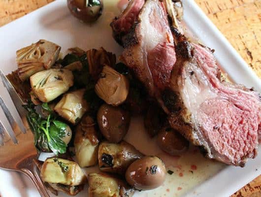 Rack of Lamb with Artichokes Roasted with Olives and Mint
