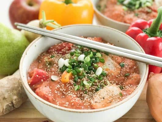 Korean style Rice Cake with Fruity Tomato Sauce and Stir fried Vegetables
