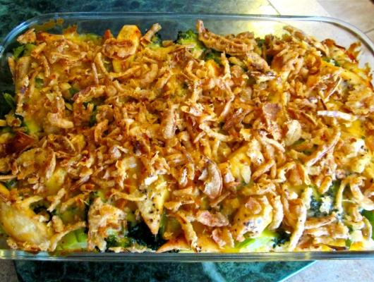 Chicken Broccoli Casserole with French Fried Onions Healthy brown rice and broccoli