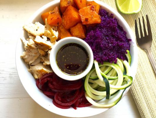 10 Minute Paleo Chicken, Sweet Potato & Zoodle Skinny Salad