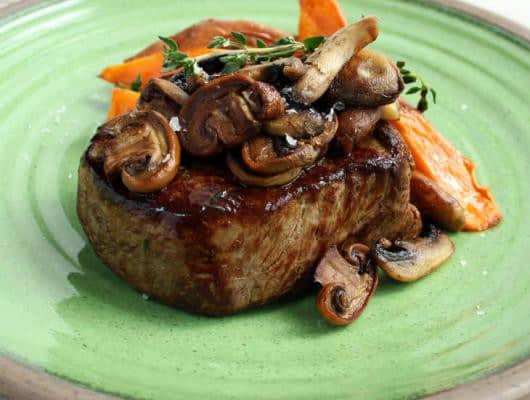 Steak with Mushrooms, Thyme, and Sweet Potatoes
