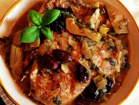 Braised Chicken with Artichoke Hearts & Olives