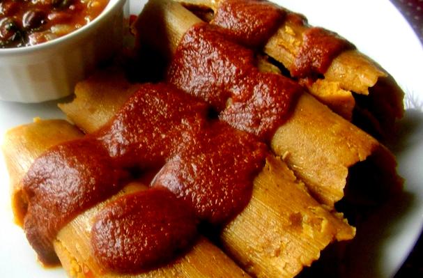 Chicken and Vegetarian Tamales With Red Mole Sauce