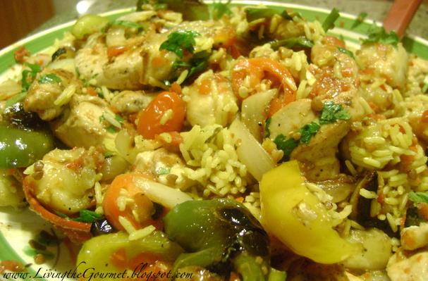 Chicken Chunks with Grilled Veggies, Grilled Bananas & Rice
