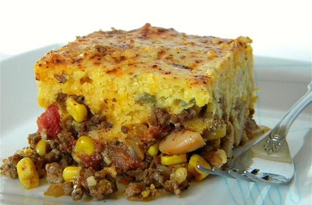 Chili Pie with Green Chile and Cheddar Cornbread Crust