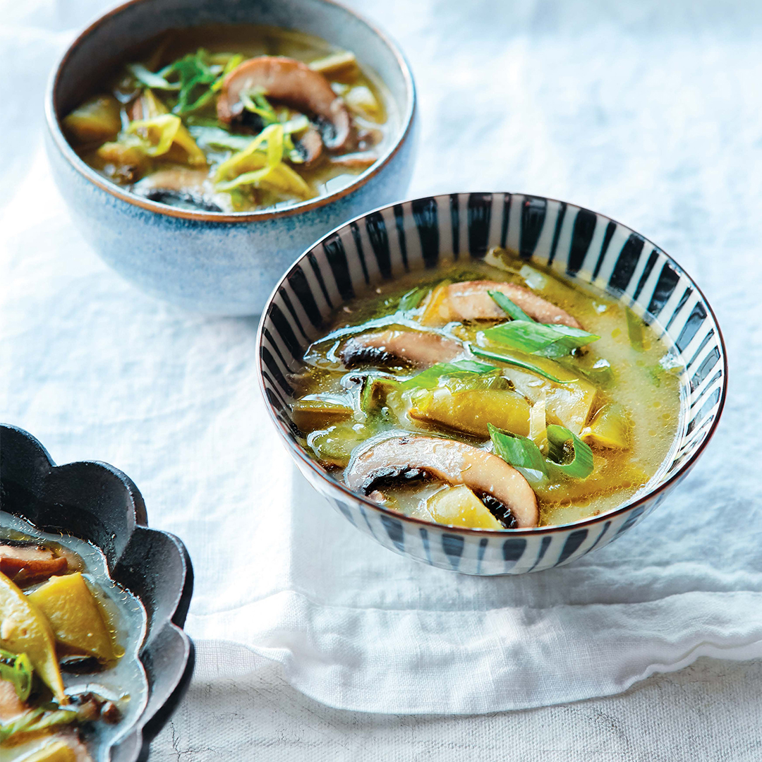 Miso Soup with Shiitakes and Snap Peas