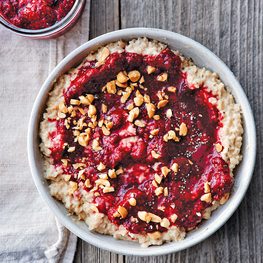 Steel-Cut PBJ Oatmeal with Raspberry Chia Jam