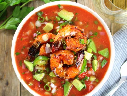 Classic Gazpacho with Spicy Grilled Shrimp