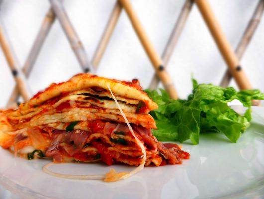 Crespelle with Mozzarella, Parma Ham and Tomato Sauce