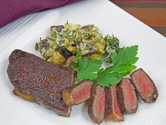 Home Made Dry-Aged Sirloin Steak with Cheesy Roast Fingerling Potatoes