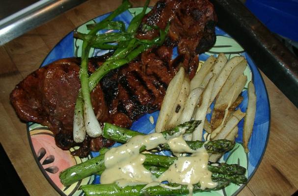 Hickory Smoked Mexican Pork Chops, Grilled Asparagus, Green Onions