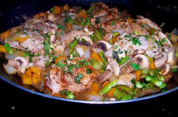 Moist and Tender Chicken Thigh Saute With Mushrooms and Asparagus