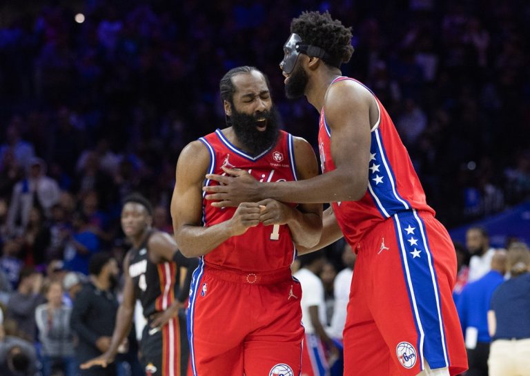 James Harden, Joel Embiid help 76ers even series vs. Heat