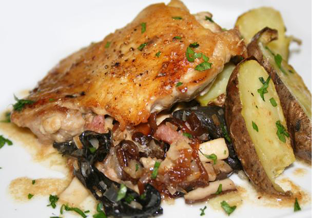 Roast Chicken with Chardonnay Sauce, Trumpet Mushroom Duxelle and Fingerling Potatoes
