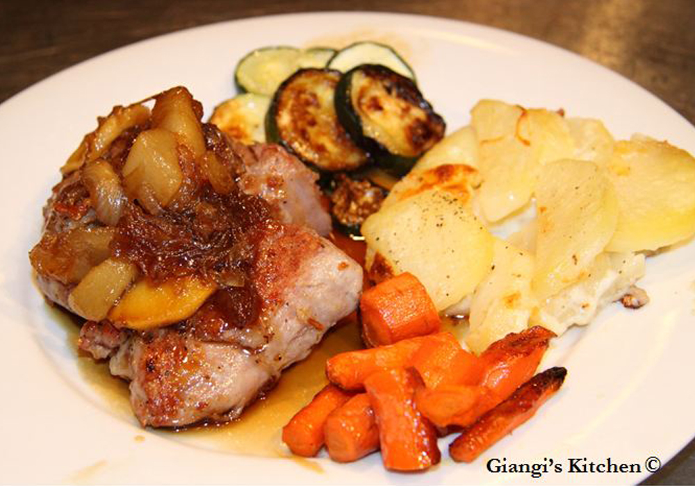 Roasted Pork Tenderloin with Caramelized Apples, Pears and Onions